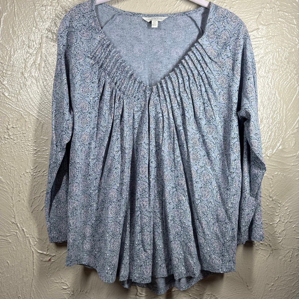 Lucky Brand Blue Long Sleeve Pleated V Neck Cotton Modal Floral Boho‎ Top Size S